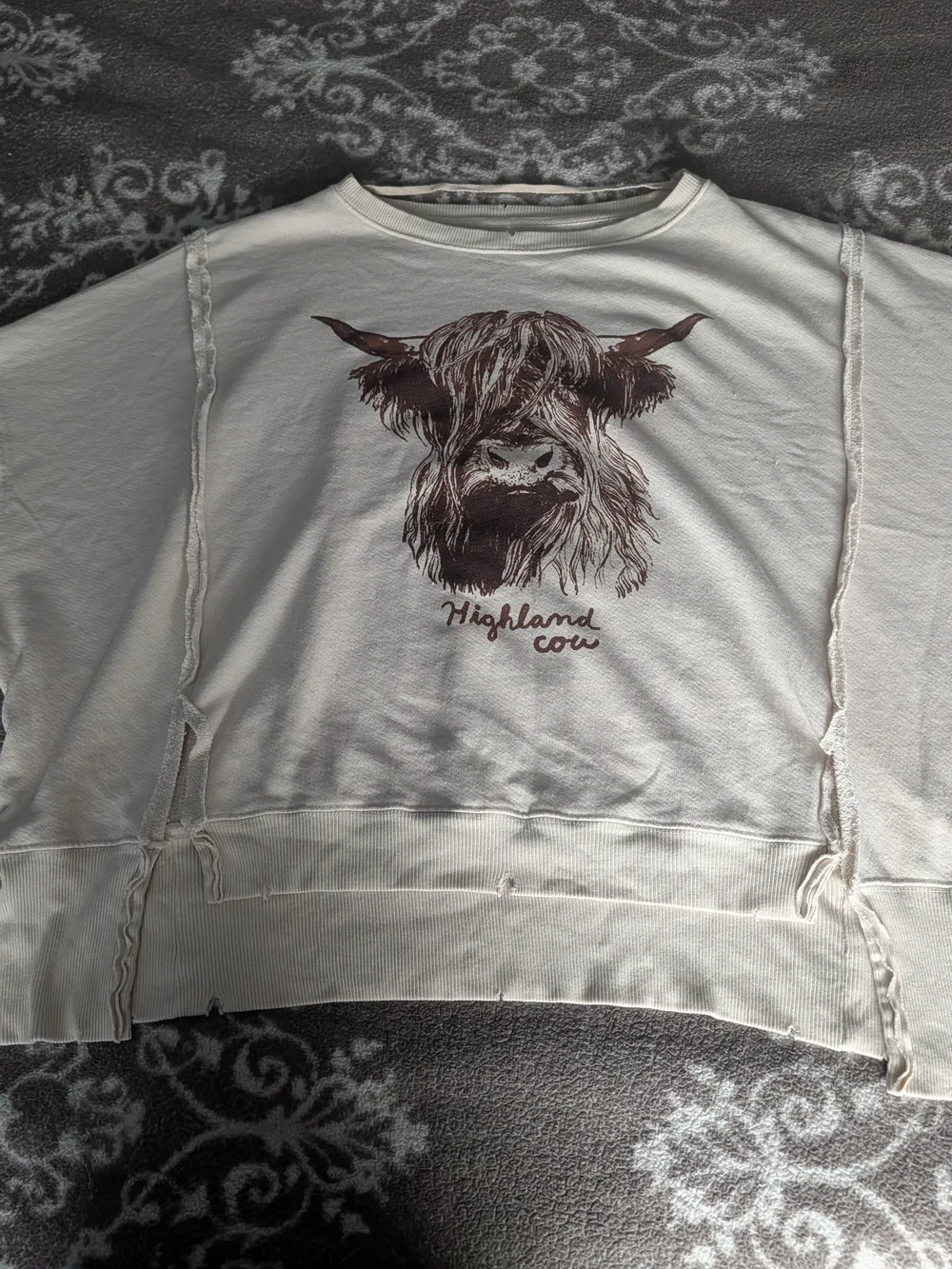 Free People Cream Camden Sweatshirt with Brown Highland Cow Graphic